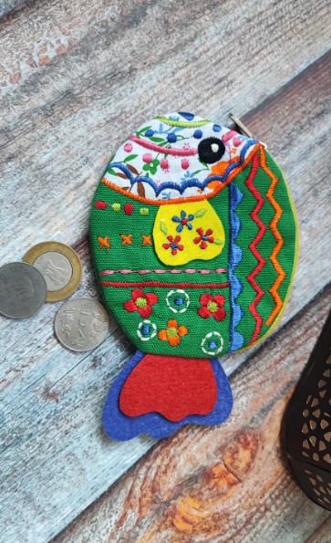 Green Fish Shaped Handmade Cotton Fabric Kids Pouch Coin bag iPods Earplugs bag multicolour