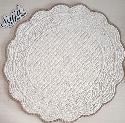 Trellis Quilted Embriodered Ivory Brown Reversible Cotton Round Fabric Table Placemat 1 piece