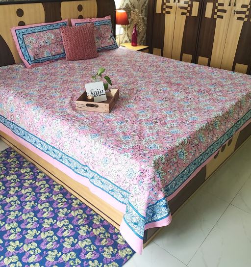 Buy Mughal Jaal South Cotton Handblock Floral Double Bedsheet King 9 feet x 9 feet