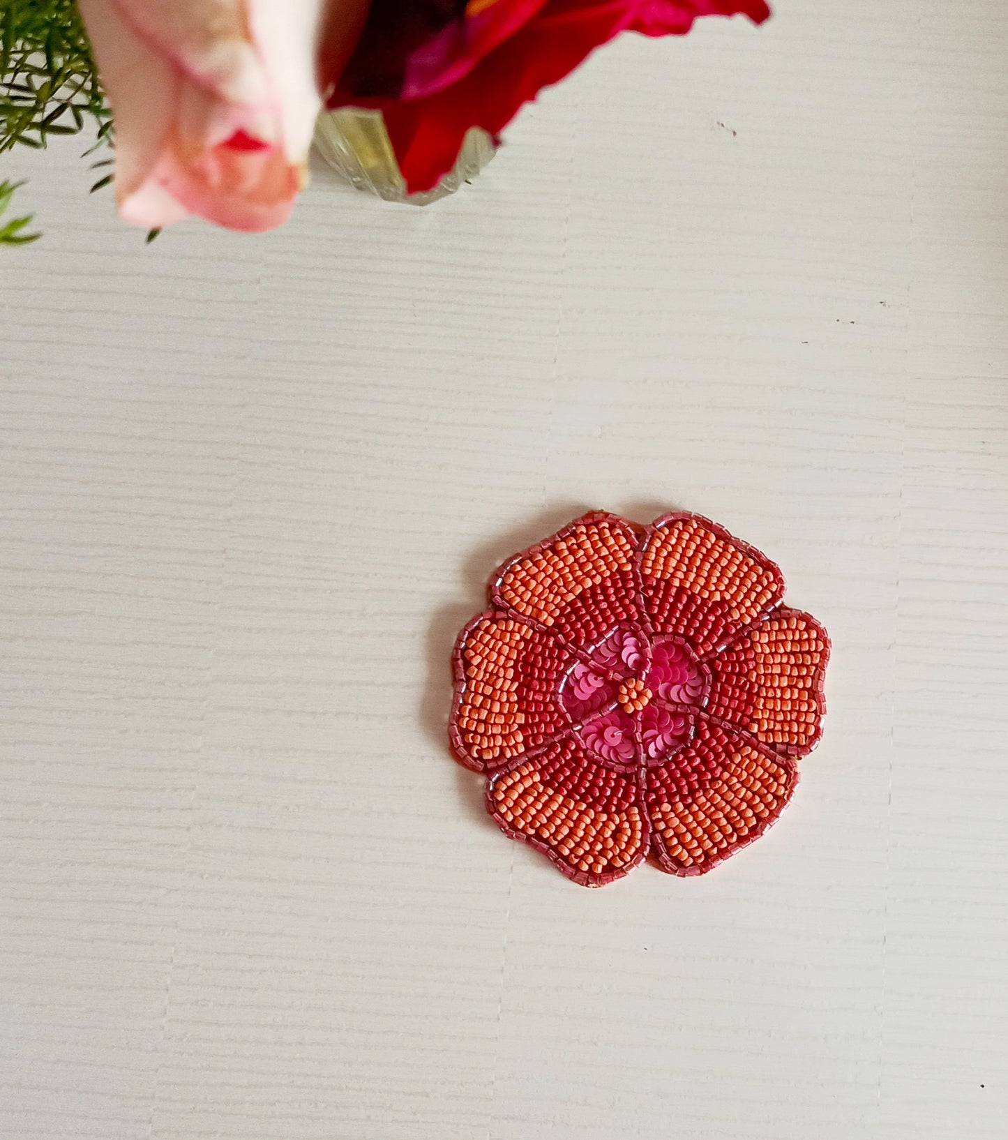 Sajja Rust Orange Floral Handmade Round Beads Coaster Doily