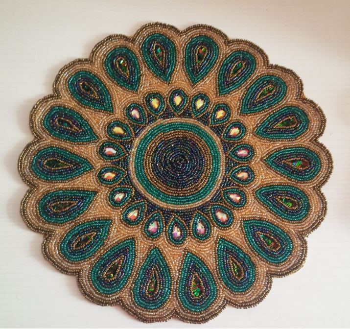 Designer Royal Peacock Feather Gold Green Blue Round Beads Placemat