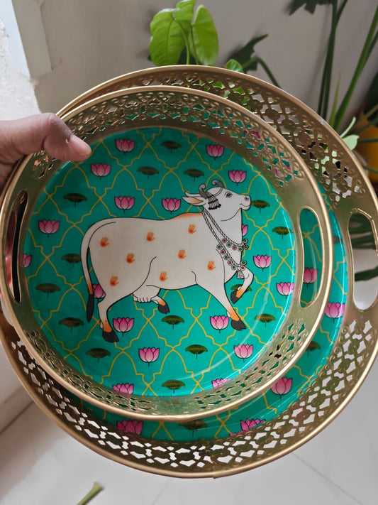 Pichwai Set of 2 Decorative Tray  Big Tray 10 x10 inches & small Tray : 8 x8 inches Metal Pooja | Decor trays