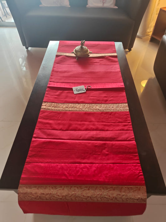 Rich Red Ethnic Zari Embriodered Silk Rectangular Festive Table Runner ( 18 x 55 inches)
