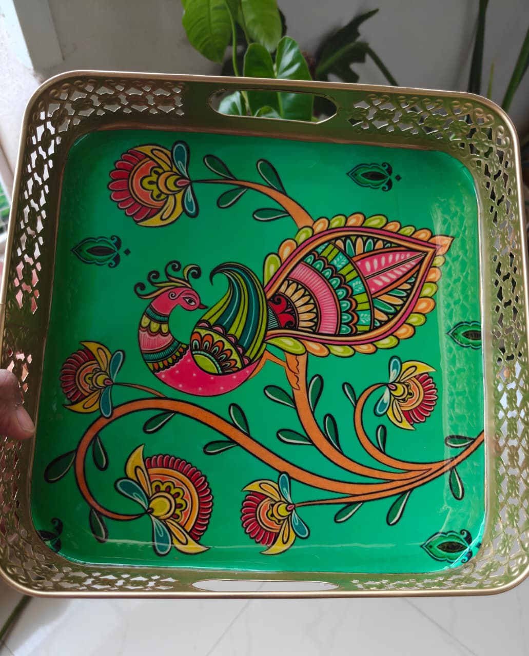 Magnificent Peacock Bird Floral Decorative Tray 10 x 10 inches | Square Flower Metal Trays