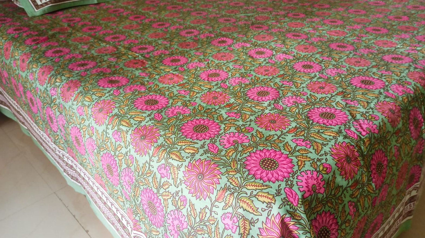 Vintage Floral Print Pink Pure Cotton Double Bedsheet King 9f x 9f