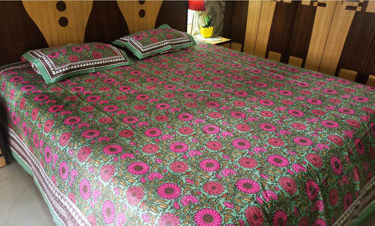 Vintage Floral Print Pink Pure Cotton Double Bedsheet King 9f x 9f