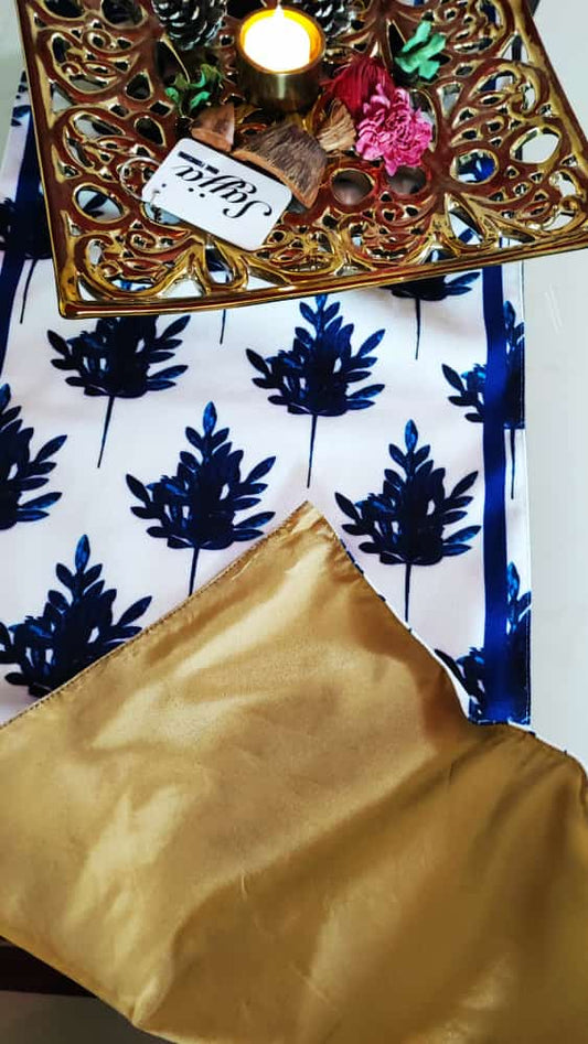 Stylish White Blue Canvas Cotton Table Runner Cover (L-54in, W-12in)