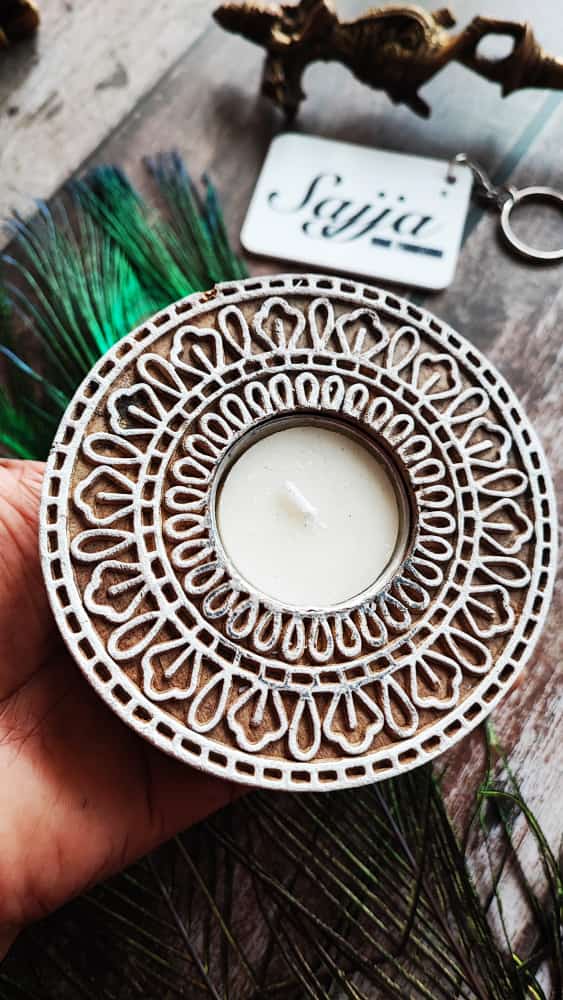 Round Handcrafted Mango Wood Tealight Candle Holder | Handcrafted Diya | 1 piece | Indian Festival Diya