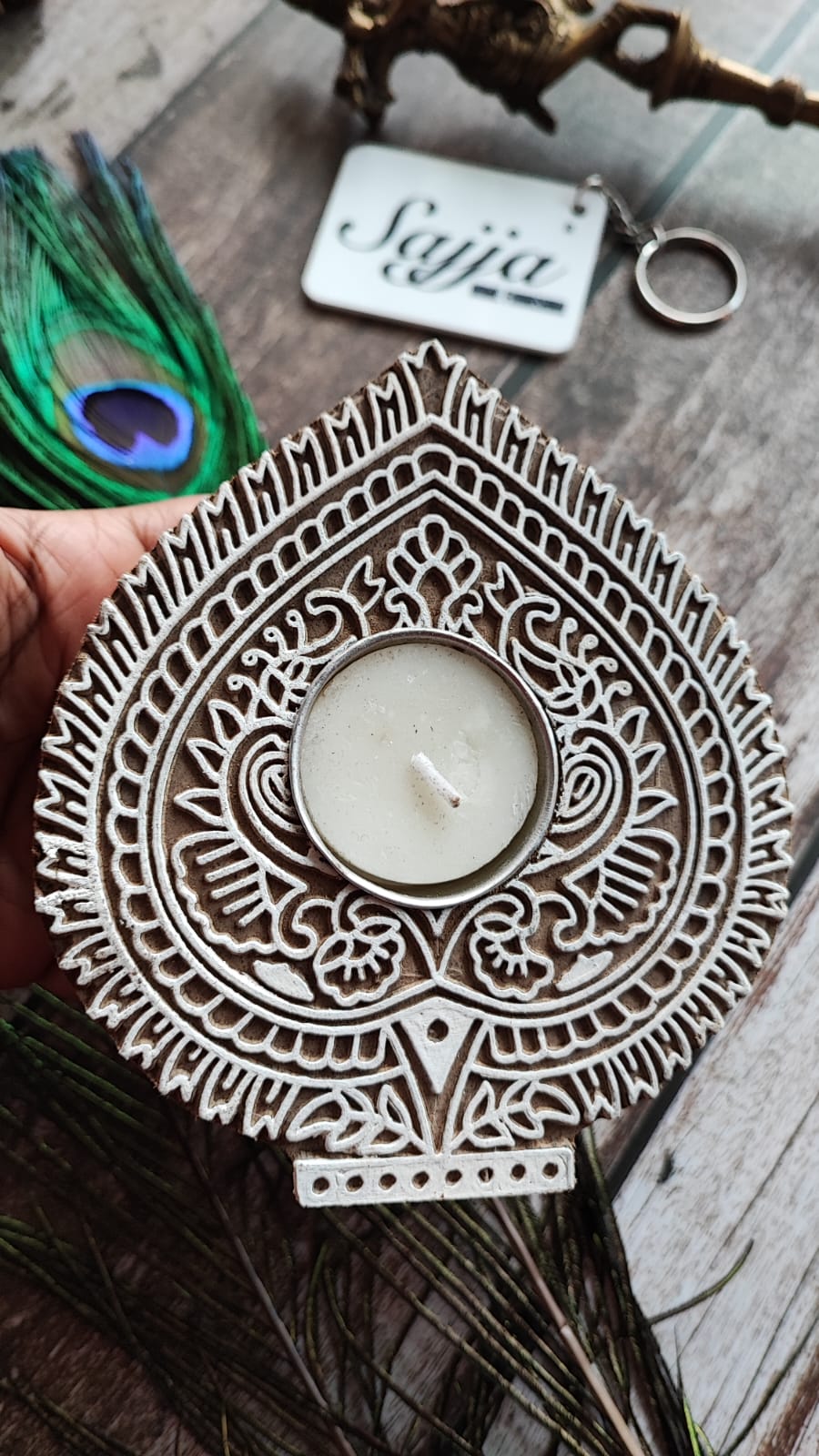 Wooden Rangoli and Leaf Decorative Tea Light Holder for Living Room, Office Décor, Home decor 1 piece