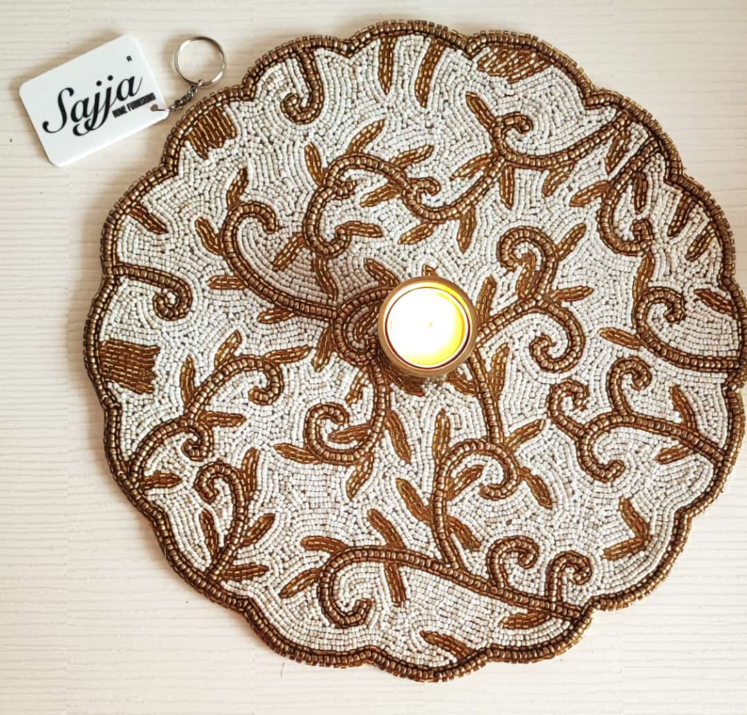 Vintage White Golden Beaded Placemat