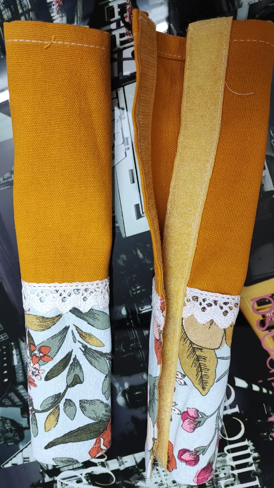 Designer Floral Cotton Fridge Handle Covers (Pair) Mustard Blue