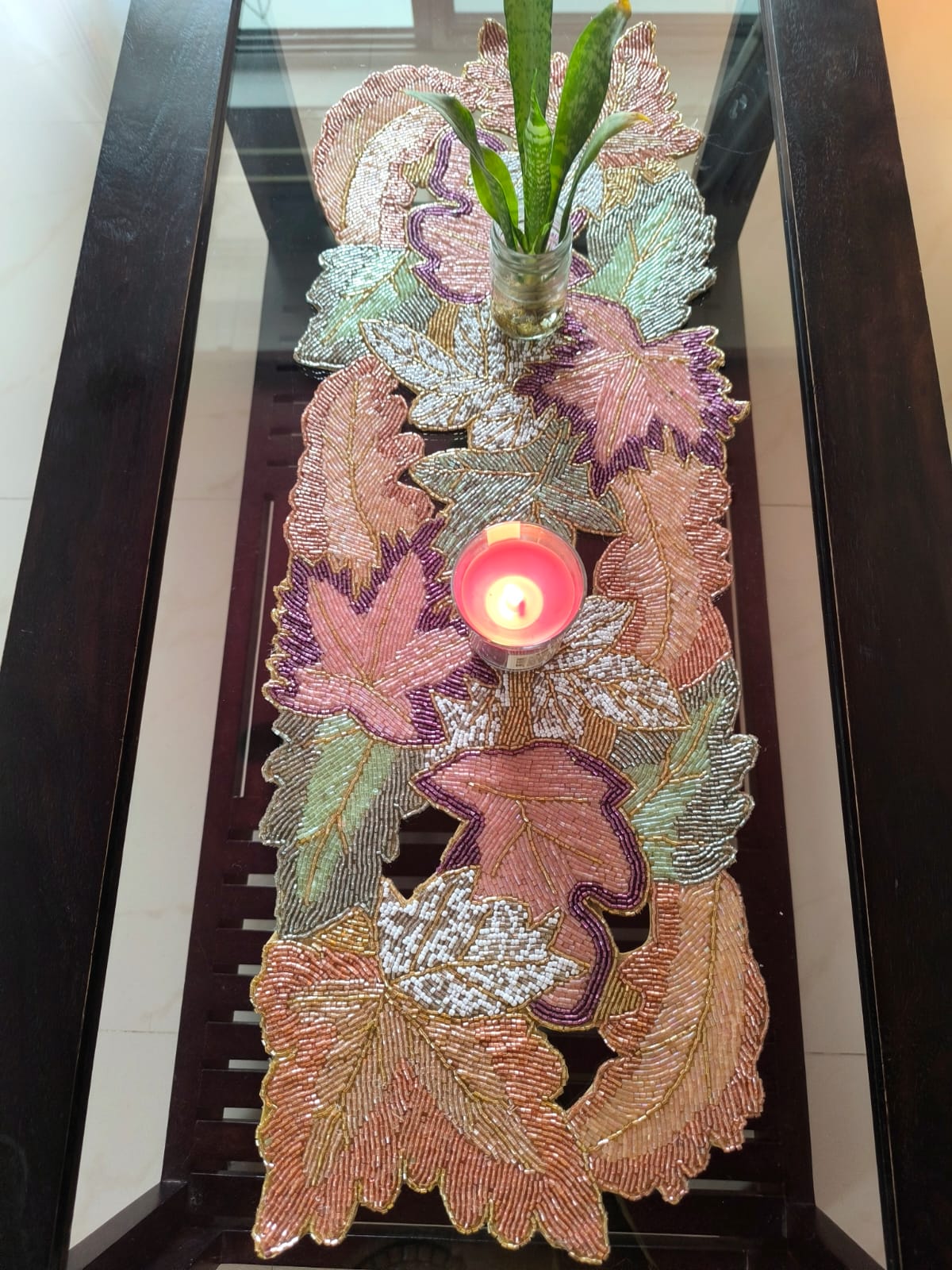 "Happiness Is In Colours" Multicolor Leaves Beads Table Runner