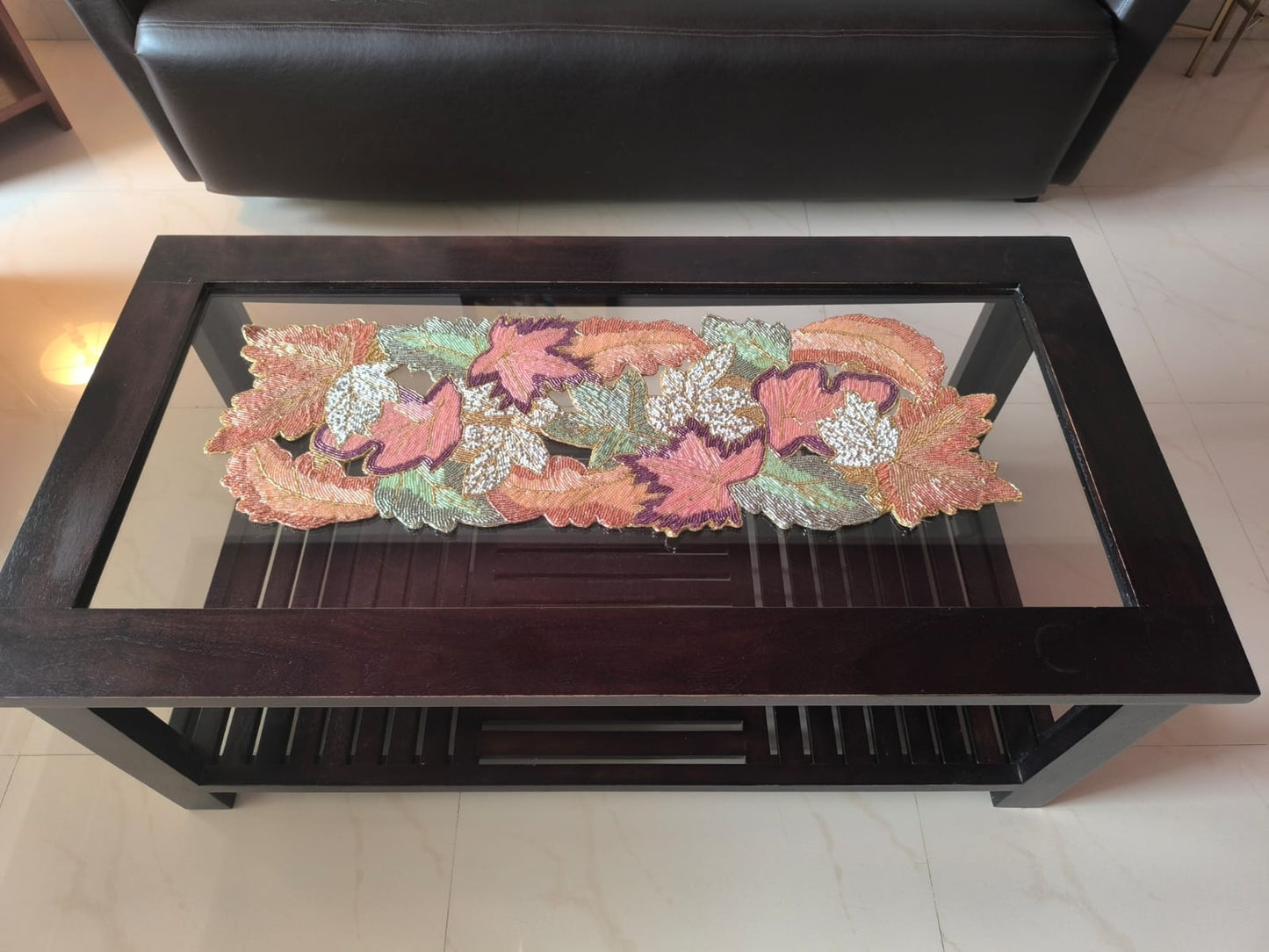 "Happiness Is In Colours" Multicolor Leaves Beads Table Runner