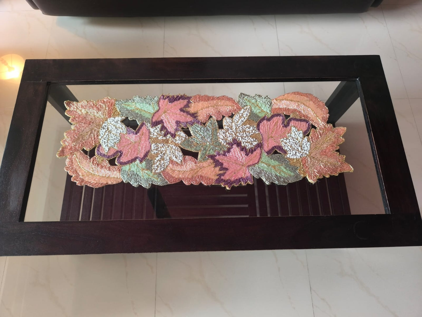 "Happiness Is In Colours" Multicolor Leaves Beads Table Runner