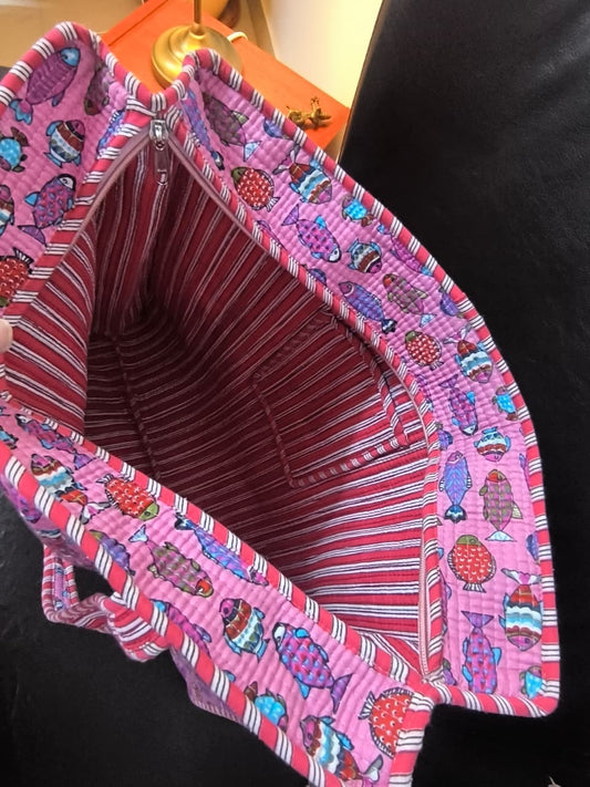 Pink Purple Fish Hand block Printed Quilted Tote Bag with concealed zip 15x 18x 5 inches