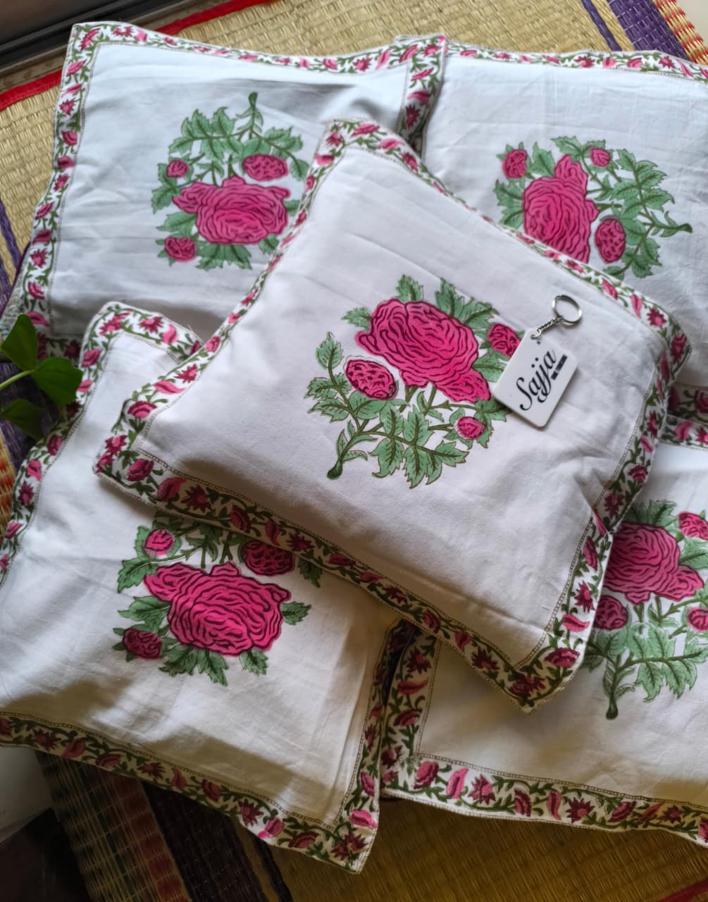 Buy Sajja Hand block Gulab Cushion Covers cotton 16 x 16 inches