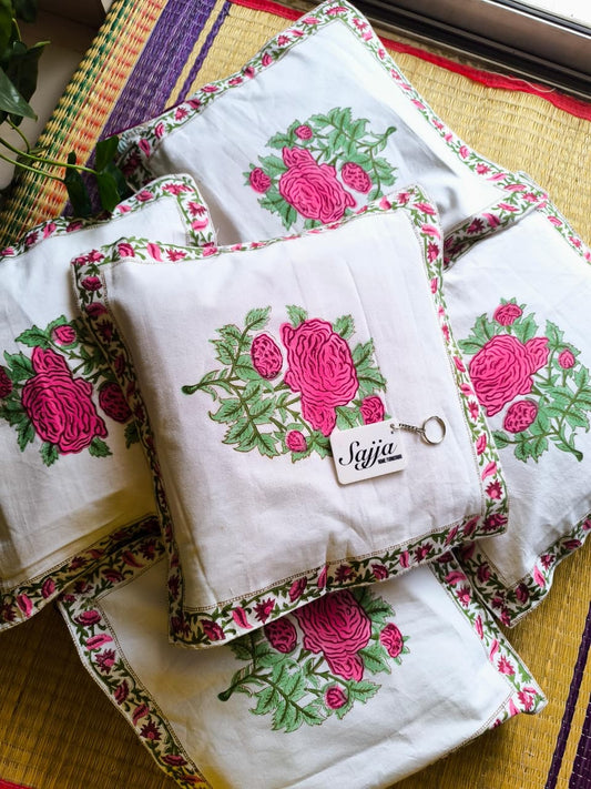 Buy Sajja Hand block Gulab Cushion Covers cotton 16 x 16 inches