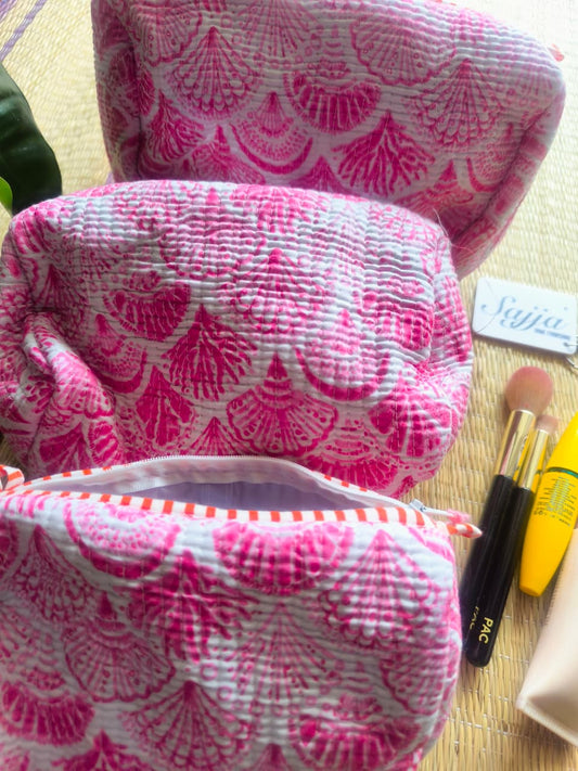 Hand Block Printed Cotton Quilted Floral Toiletry Bag 3 Piece Combo Set Waterproof Travel Kit