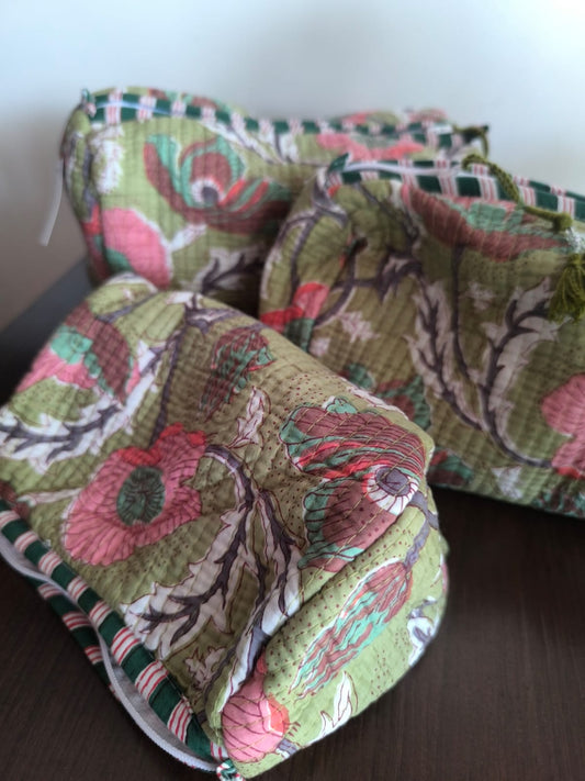 Buy Sajja Hand Block Sage Green Floral Print Travel Kit | Cotton Pouch Bag Travel Utility Set of 3