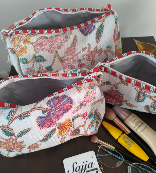 White Floral Hand block printed cotton pouch - Set of 3