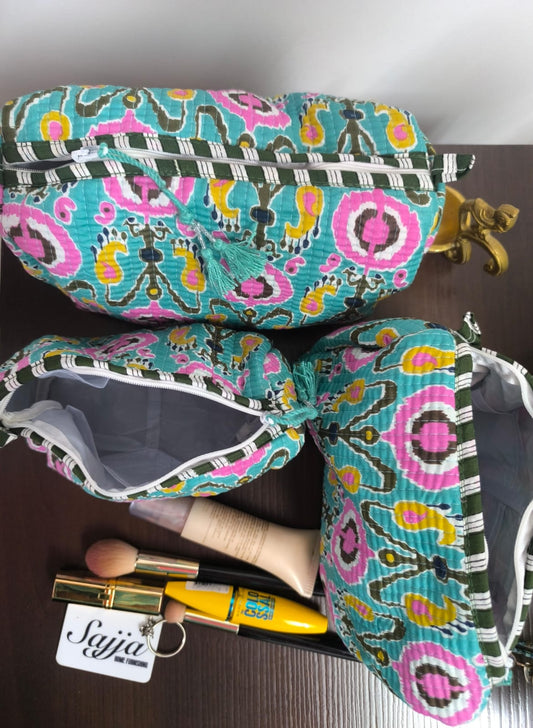 Rama Teal Green hand block printed cotton pouch - Set of 3
