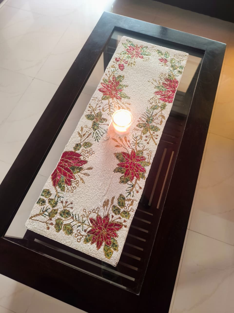 Beaded Rich Floral Red White Glass Handwoven Beads Table Runner