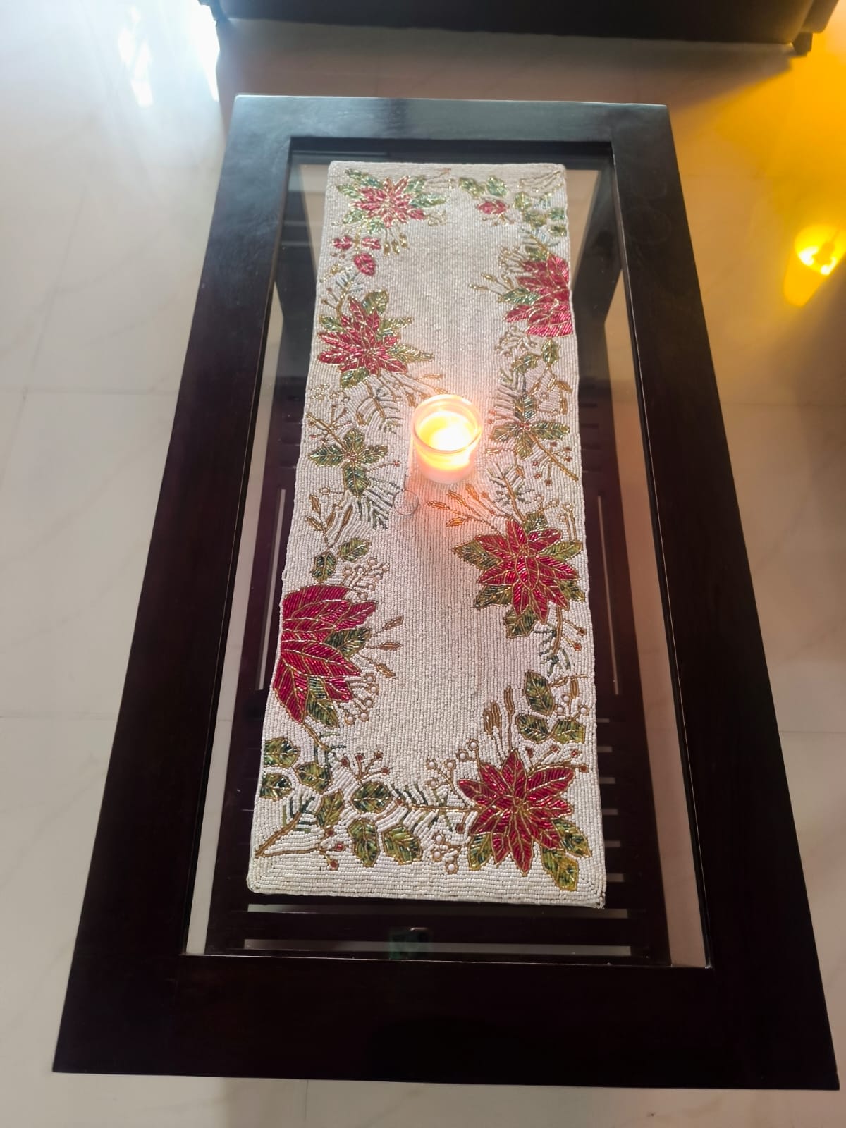 Beaded Rich Floral Red White Glass Handwoven Beads Table Runner