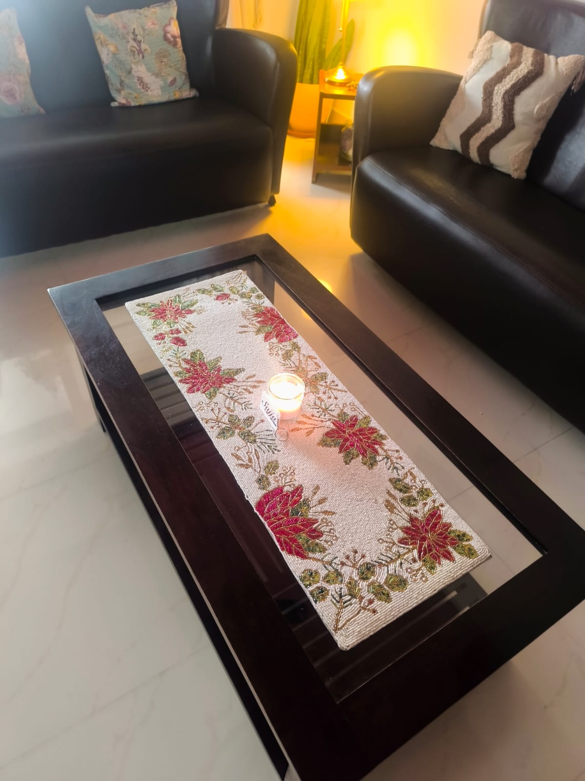 Beaded Rich Floral Red White Glass Handwoven Beads Table Runner