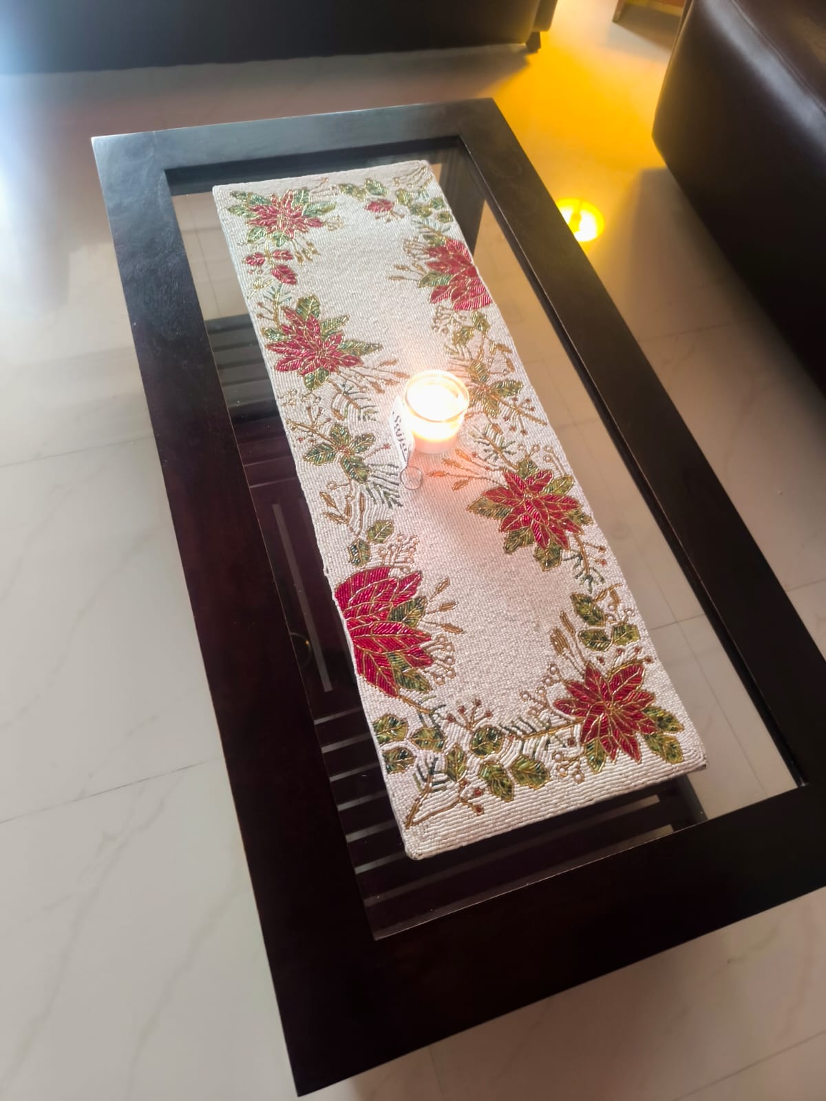 Beaded Rich Floral Red White Glass Handwoven Beads Table Runner