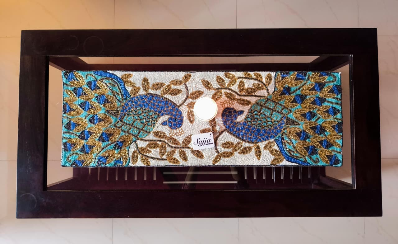 Royal Heritage Exquisite Multicolour Blue Peacock Handmade Beaded Table Runner