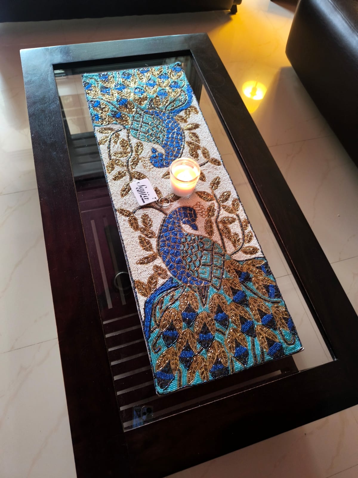 Royal Heritage Exquisite Multicolour Blue Peacock Handmade Beaded Table Runner