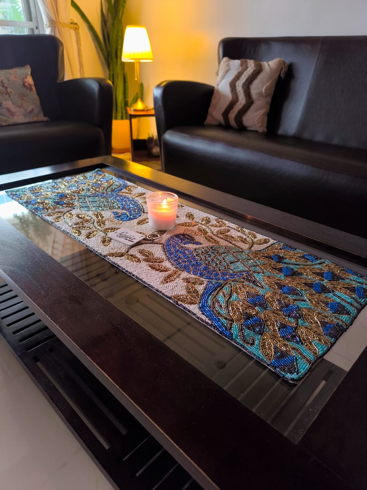 Royal Heritage Exquisite Multicolour Blue Peacock Handmade Beaded Table Runner