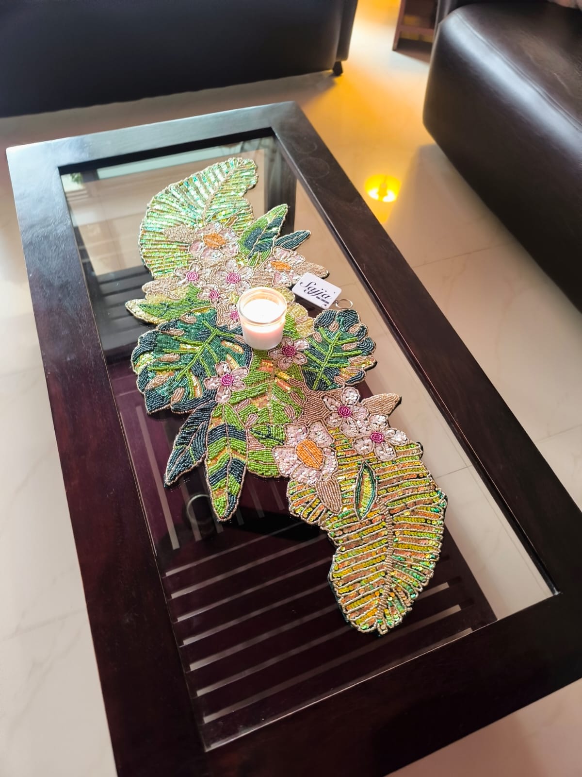 Butterflies And Leaves Mint Green Beaded Table Runner Home Decor