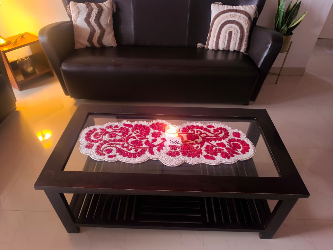 Royal Luxurious Mughal Intricately worked Beaded Table Runner Red N White