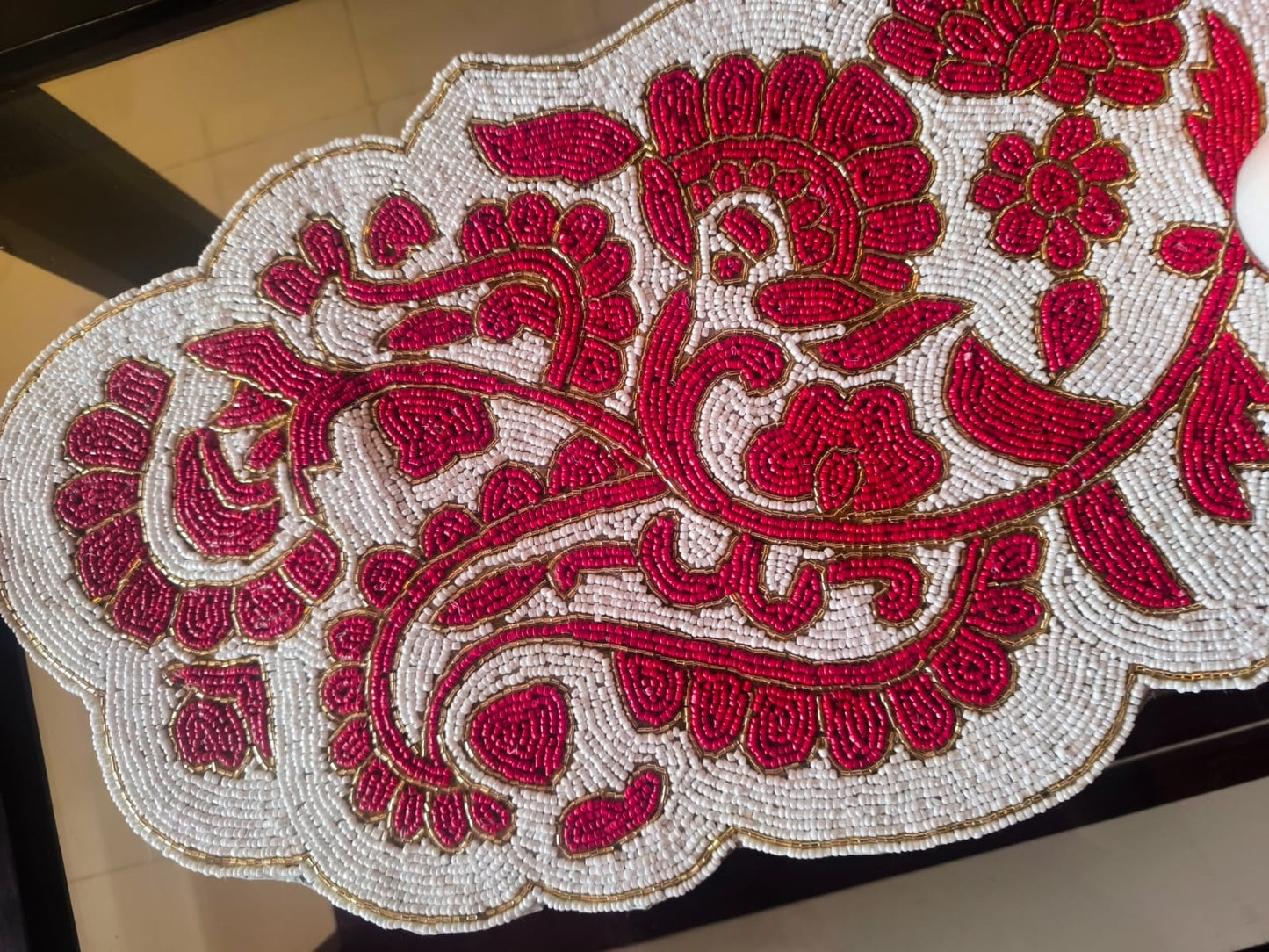 Royal Luxurious Mughal Intricately worked Beaded Table Runner Red N White