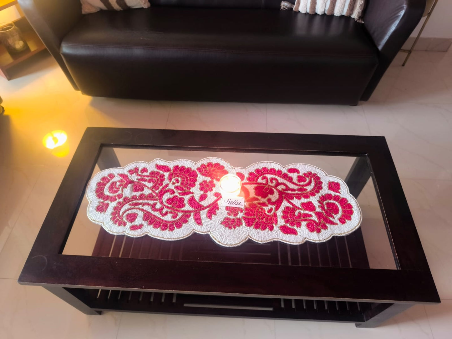 Royal Luxurious Mughal Intricately worked Beaded Table Runner Red N White