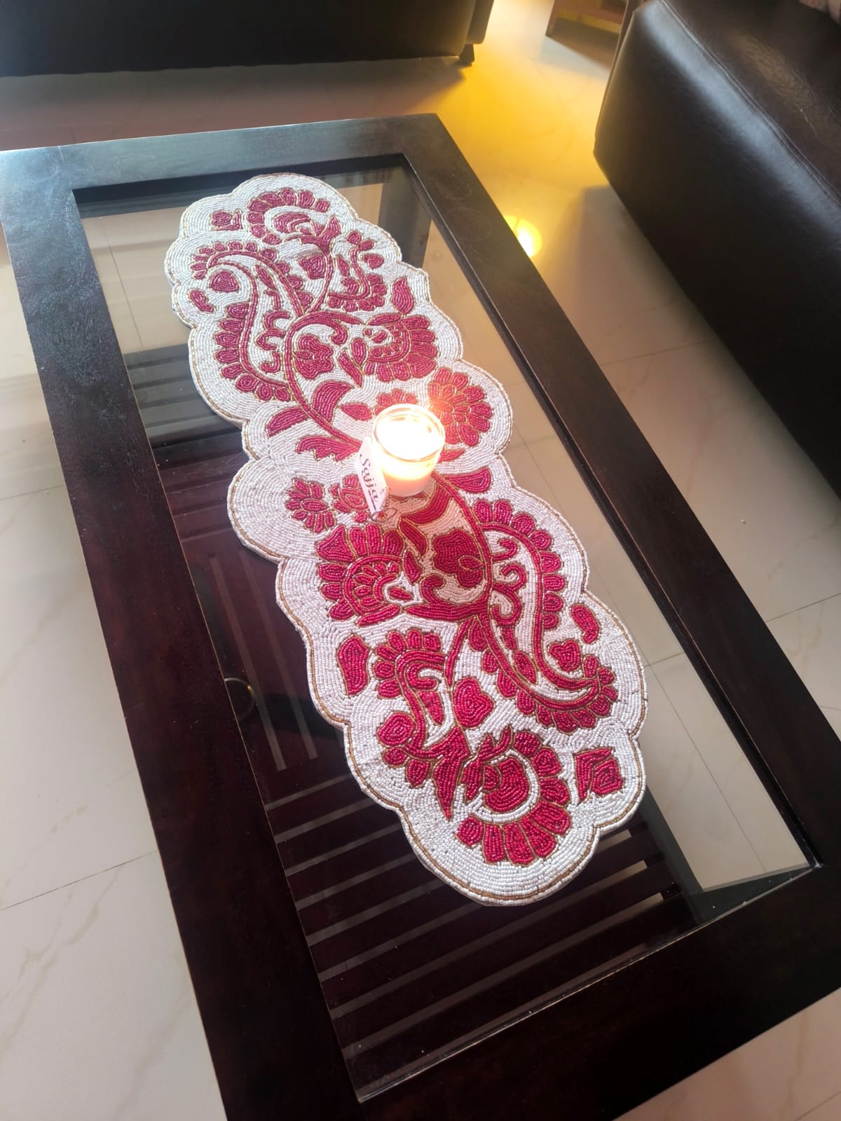 Royal Luxurious Mughal Intricately worked Beaded Table Runner Red N White