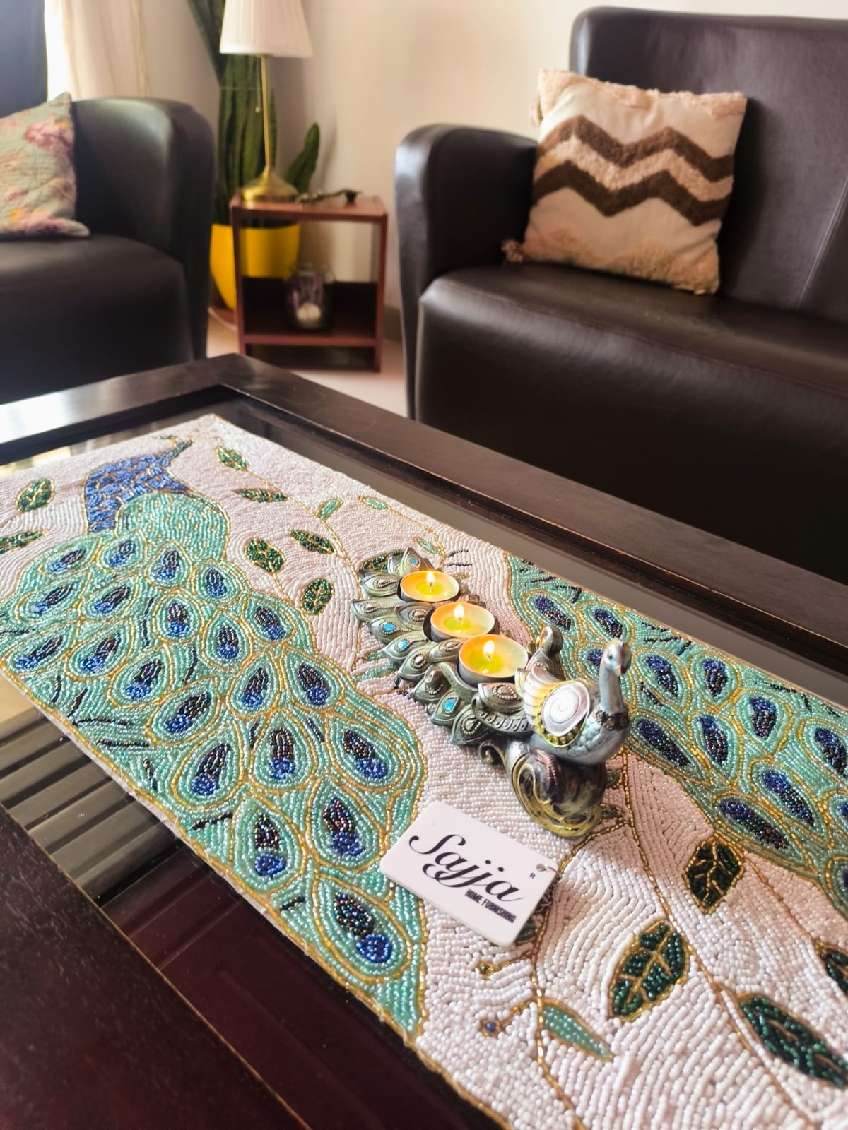 Antique Handmade Decorative Peacock Festive Beads Table Runner