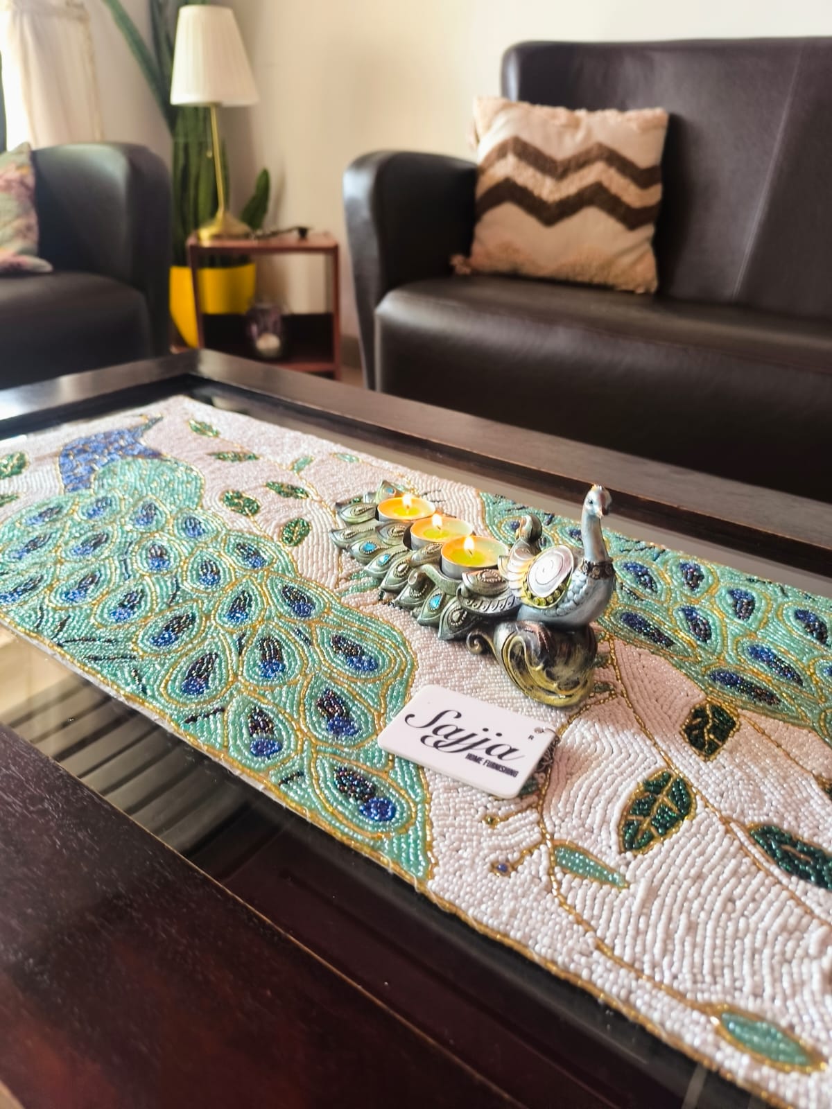 Antique Handmade Decorative Peacock Festive Beads Table Runner