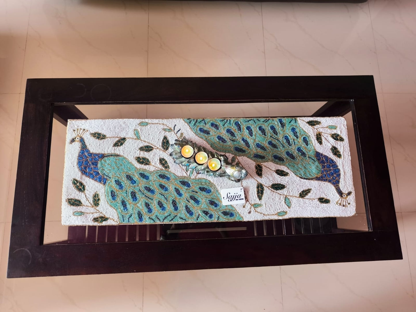 Antique Handmade Decorative Peacock Festive Beads Table Runner