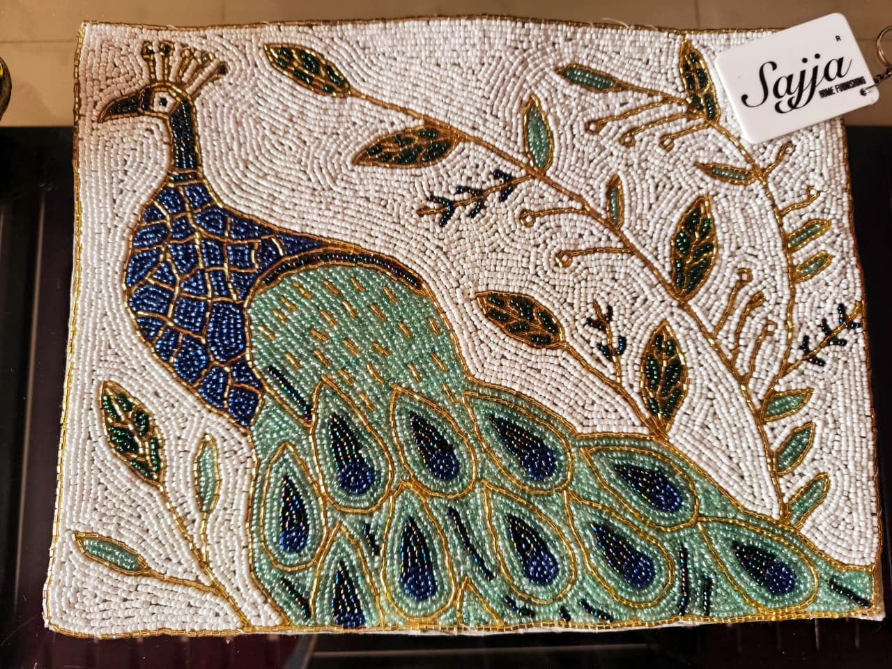 Picturesque Peacock Jewel Royal Blue White Beaded Table Mat