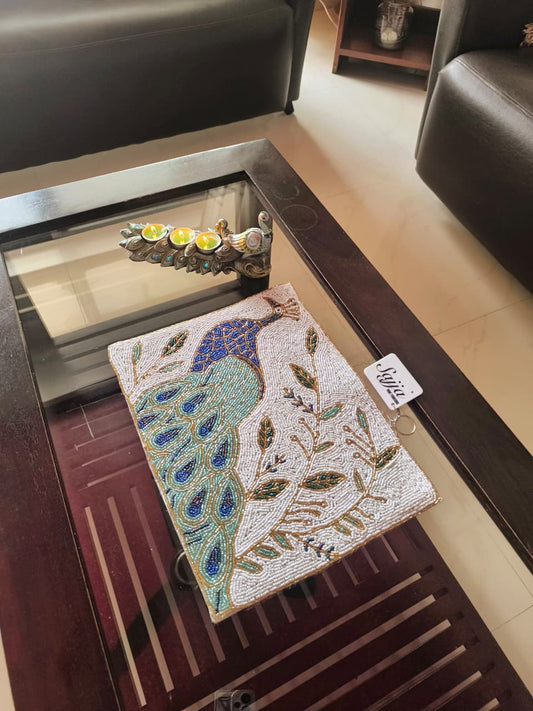Picturesque Peacock Jewel Royal Blue White Beaded Table Mat