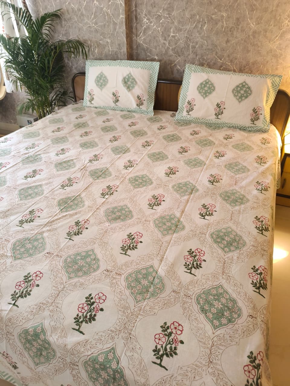 Vintage Hand block Green Pookalam Floral Cotton Double Bedsheet King 9 feet x 9 feet