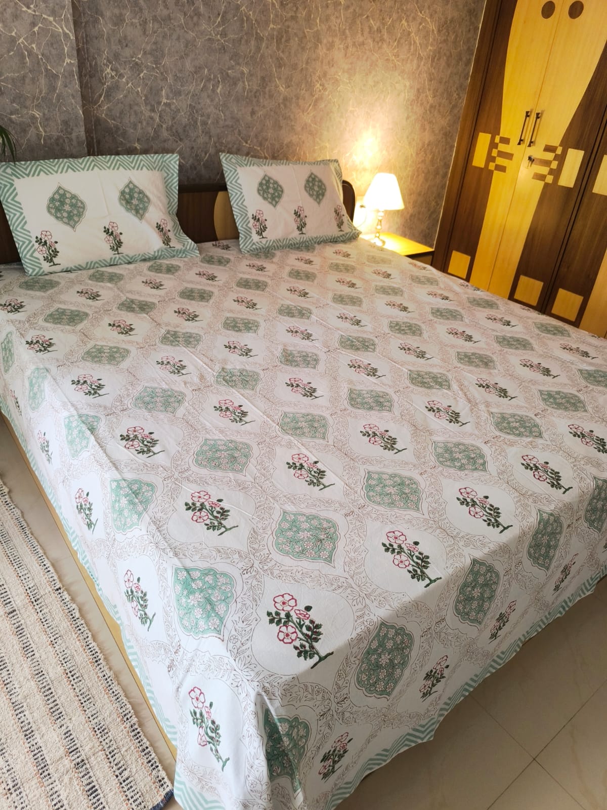 Vintage Hand block Green Pooklam Floral Cotton Double Bedsheet King 9 feet x 9 feet