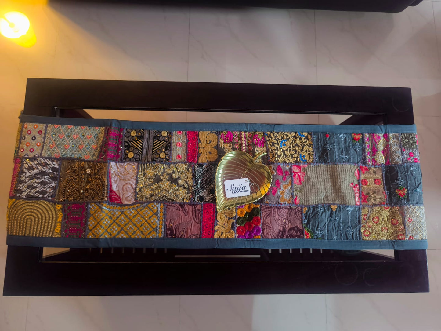 Grey Handmade Embroidered Patchwork Multicolor Cotton Table Runner