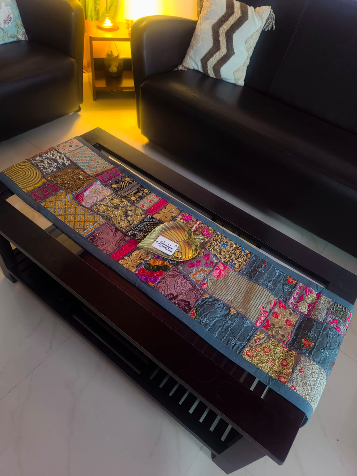 Grey Handmade Embroidered Patchwork Multicolor Cotton Table Runner