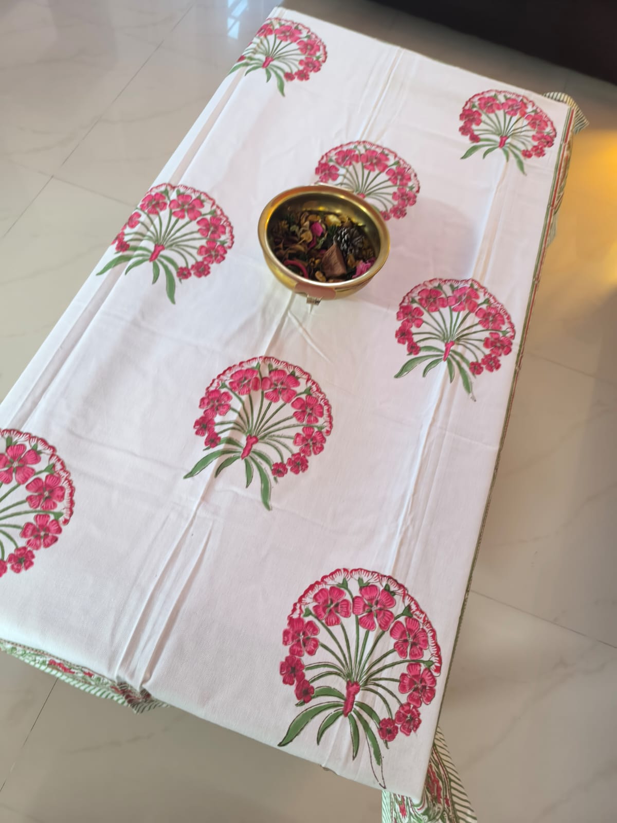 Buy Centre Table Hand block Floral Pink Phool Green Table Cover - 40 x 60 inches -2 Seater Table Cover