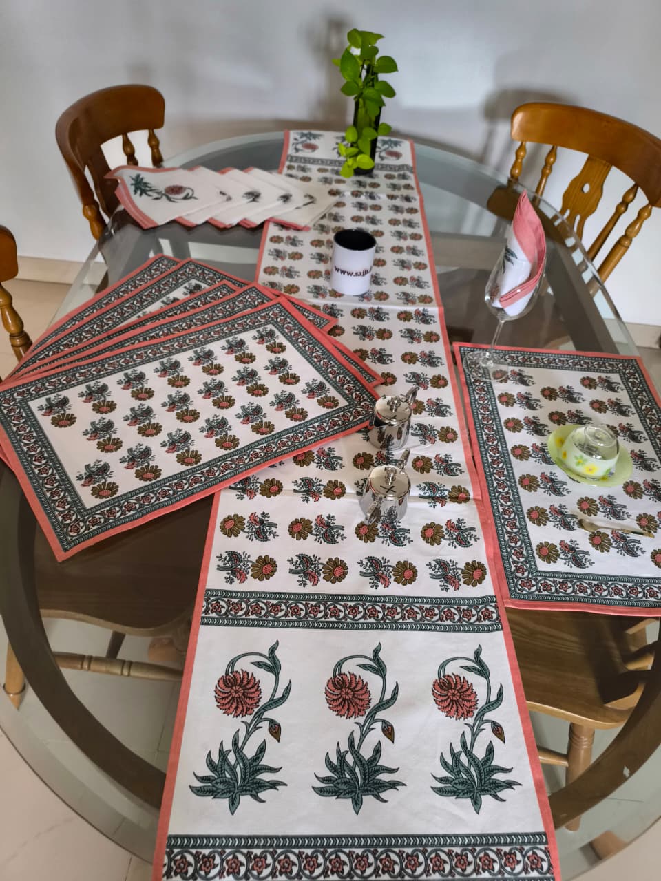 Sajja Handblock Table Linen Set Dahlia floral Peach, Set of 13- Table Runner, 6 Table Mats , 6 napkins