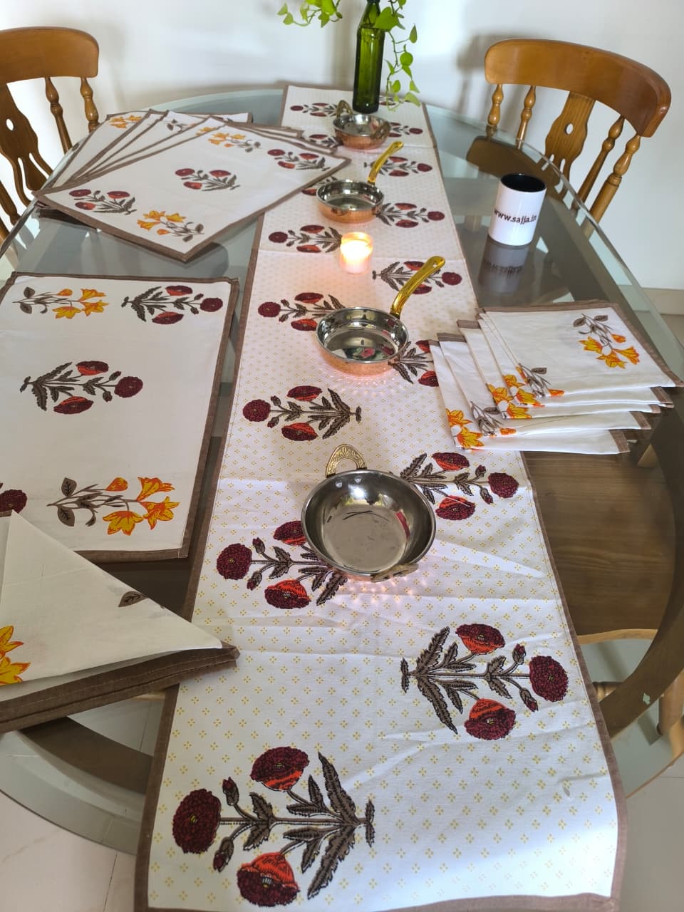 Sajja Handblock Table Linen Set Yellow Poppy floral Set of 13- Table Runner, 6 Table Mats , 6 napkins
