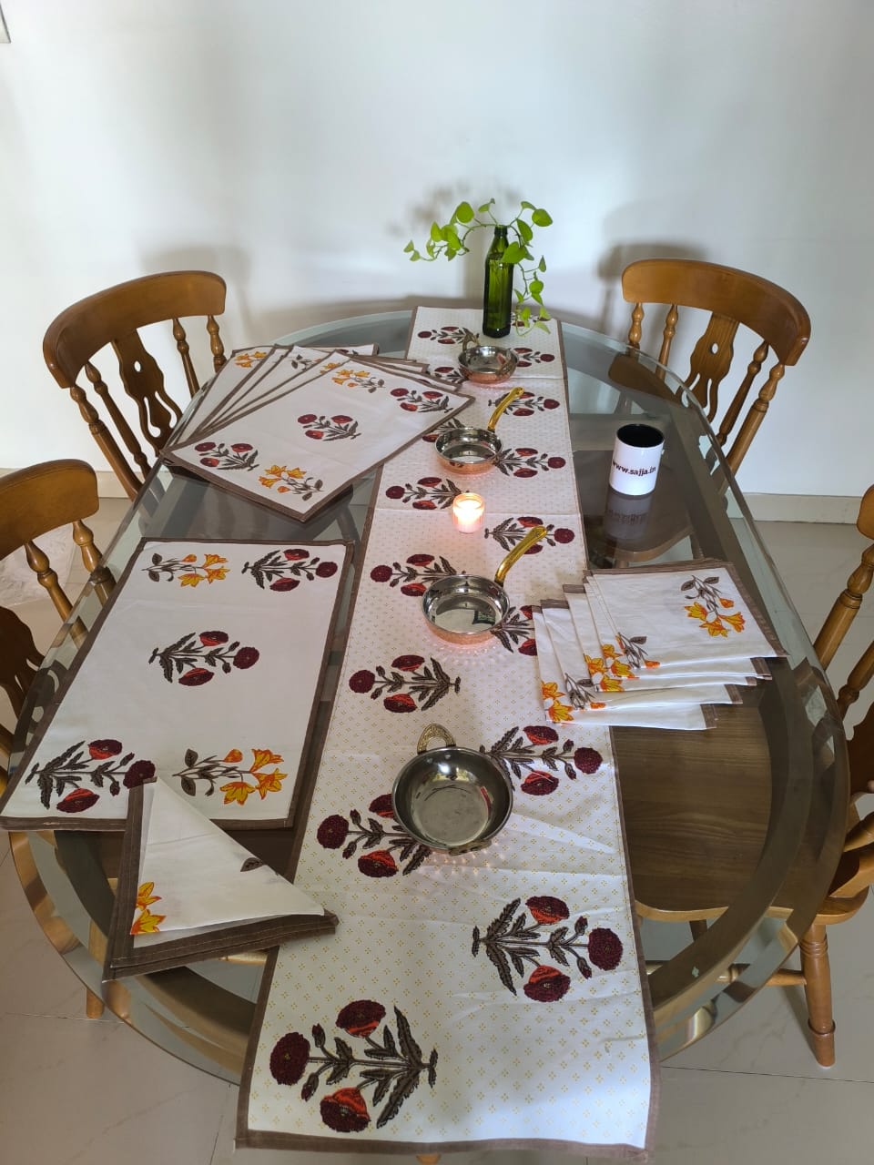 Sajja Handblock Table Linen Set Yellow Poppy floral Set of 13- Table Runner, 6 Table Mats , 6 napkins